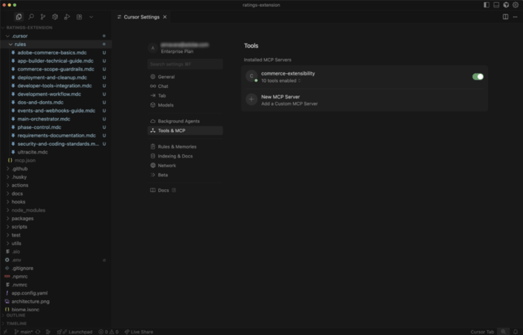 Cursor-IDE-Einstellungen, für die das MCP Commerce-Extensibility-Toolset aktiviert ist
