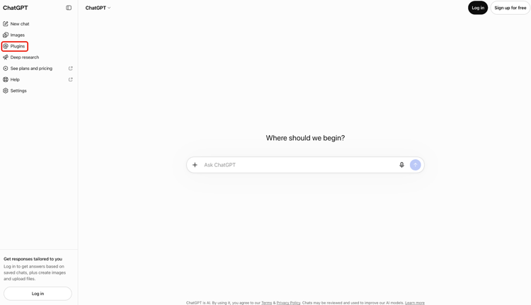 ChatGPT-Navigation mit hervorgehobenen Plug-ins.