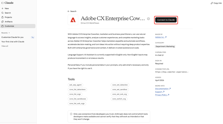 Adobe CX Enterprise Coworker-Connector-Details in Claude mit hervorgehobener Option „Mit Claude verbinden“.