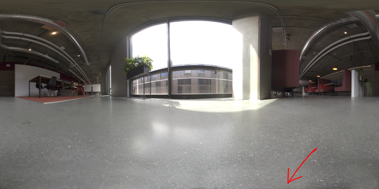 Ein 360-Grad-HDR-Panoramabild eines Büroraums mit Schatten, die am Tiefpunkt sichtbar sind