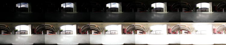 Eine Reihe von Belichtungswerten einer Serie aus einer 360-Grad-HDR-Panoramaaufnahme eines Büroraums