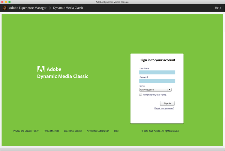 Adobe Dynamic Media Classic-Anmeldung