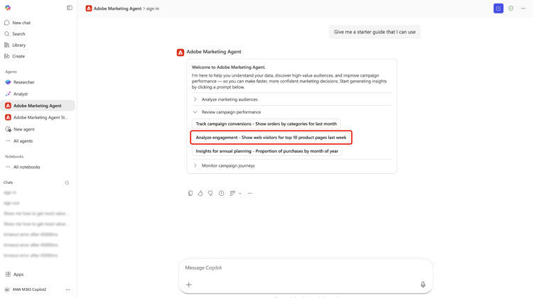 Starteraufforderungen auf der Agenten-Startseite, einschließlich der Optionen Kampagnenleistung überprüfen und Interaktion analysieren.