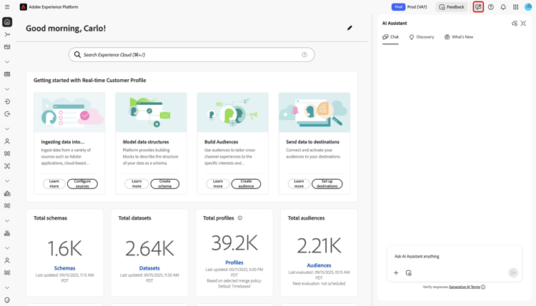Die Produkt-Startseite mit dem im linken Navigationsbereich ausgewählten Symbol „KI-Assistent“.