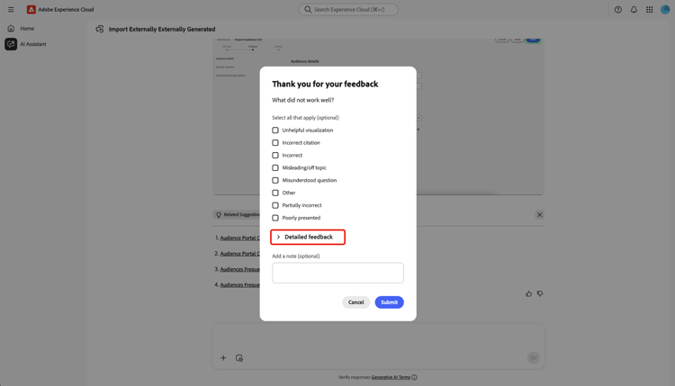 Das Feedback-Fenster mit den Daumen nach unten.