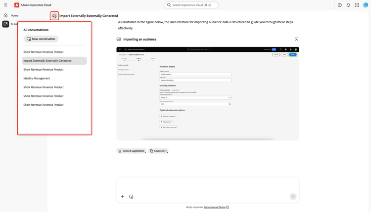 Das Fenster „Konversationen“ im KI-Assistenten.
