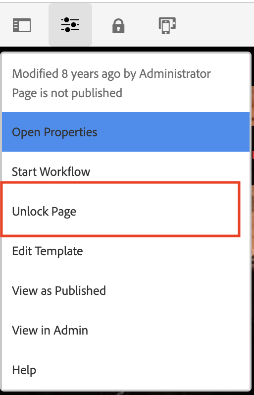 Entsperren einer gesperrten Seite AEM Adobe Experience Manager