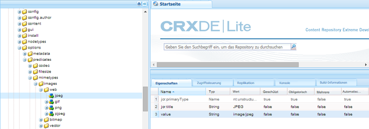 Die Werteigenschaft eines Dateityps, wie in CRXDE dargestellt, wird für funktionierende Suchabfragen verwendet.