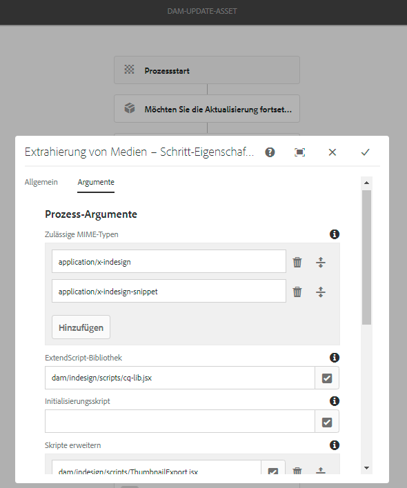 Die ExtendScript-Pfade in den Argumenten des Prozesses zum Extrahieren von Medien