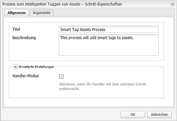 Konfigurieren des Workflows „DAM-Update-Asset“ und Hinzufügen des Schritts „;Smart-Tag“