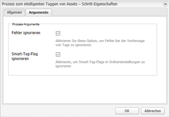 Konfigurieren des Workflows „DAM Update Asset“, um den Schritt „Smart-Tag“ hinzuzufügen und „Smart-Tag-Markierung ignorieren“ auszuwählen