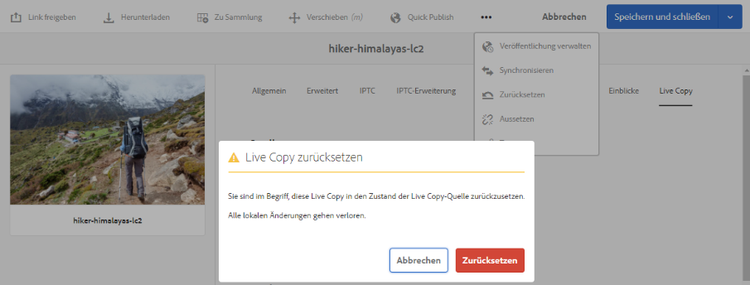 Aktion Zurücksetzen- Überschreiben lokaler Bearbeitungen und Abgleichen der Live Copy mit der zugehörigen Quelle