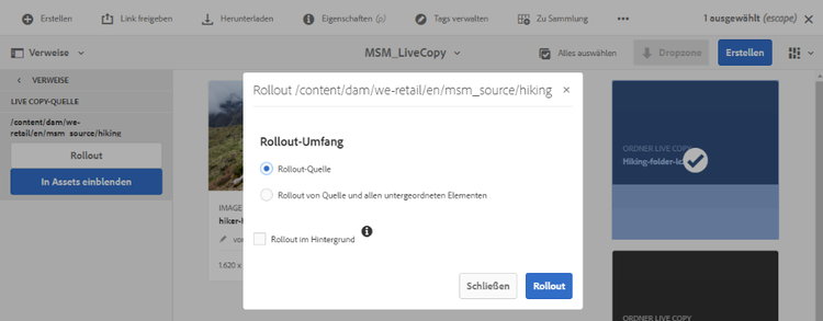 Rollout von Quelländerungen an die ausgewählte Live Copy