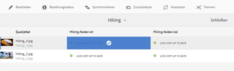 Einfaches Aktualisieren vieler Assets in Live Copy-Ordnern über die Konsole „Live Copy-Übersicht“