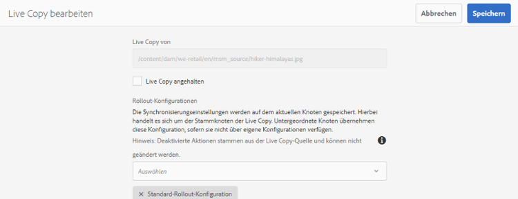Für eine bestimmte Live Copy kann die Option zum Aussetzen der Beziehung oder Ändern der Rollout-Konfiguration bei ausgewähltem Quell-Asset über die Leiste „Verweise“ aufgerufen werden.