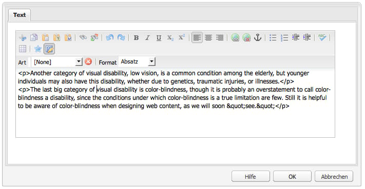 Ein Beispiel des Absatz-Elements im Modus zur Bearbeitung des Quell-Codes (klassische Benutzeroberfläche).