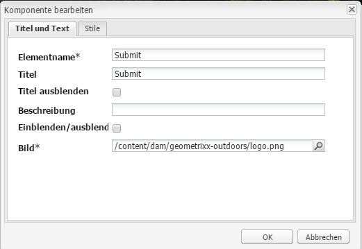 Schaltfläche „Bild“ mit im Feld „Titel“ festgelegtem Alt-Text (Dialogfeld „Bearbeiten“).