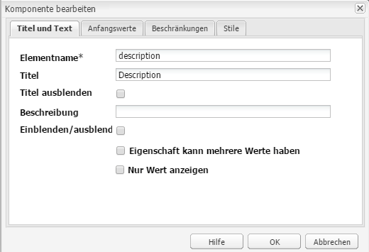 Registerkarte „Titel und Text“ (Dialogfeld „Bearbeiten“). Der Titel „Description“ wurde hinzugefügt.