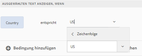 Regel, um den ausgewählten Text anzuzeigen, wenn der Standort des Empfängers gemäß den Quelldaten von FDM US ist