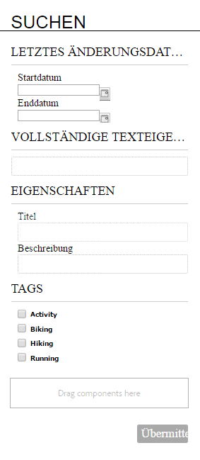 Suchbereich mit den Eigenschaften für Datum, Volltext, Eigenschaften und Tags