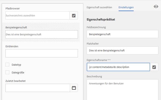 Verknüpfen einer Metadateneigenschaft mit einem Prädikat im Feld „Eigenschaftsname“