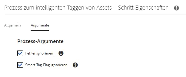 Konfigurieren des Workflows „DAM Update Asset“, um den Schritt „Smart-Tag“ hinzuzufügen und den erweiterten Handler-Modus auszuwählen