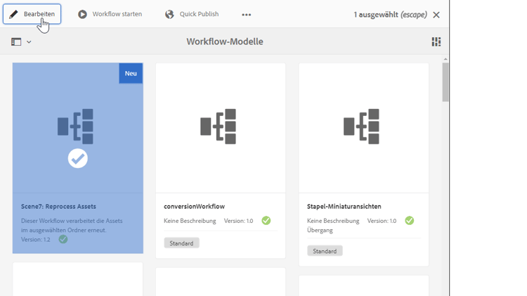 Seite „Workflow-Modelle“ mit in der Kartenansicht ausgewähltem Workflow „Dynamic Media erneut verarbeiten“