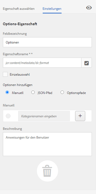 Die verfügbaren Felder in der Options-Eigenschaft