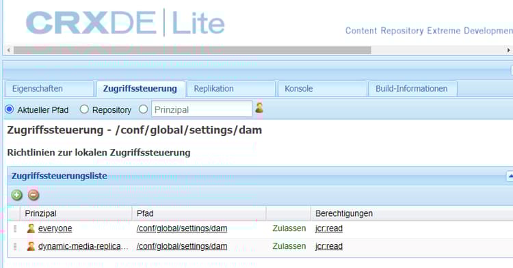 Konfigurieren des Bildservers in CRXDE Lite und Festlegen der Registerkarte „Zugriffssteuerung“