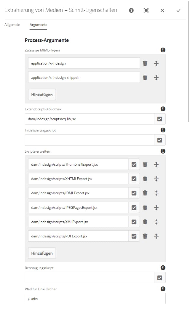 Die ExtendScript-Pfade in den Argumenten des Prozesses zur Extraktion von Medien
