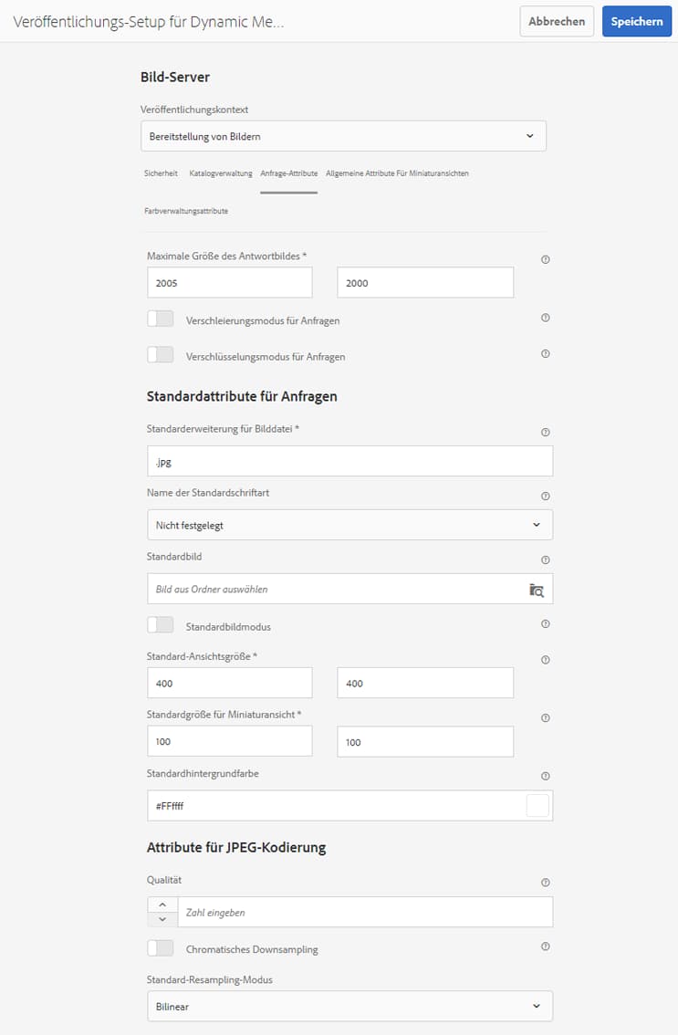 Seite mit den Dynamic Media-Veröffentlichungseinstellungen