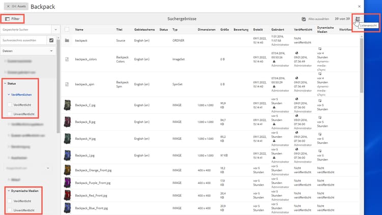 Listenansicht und Filter in Suchergebnissen