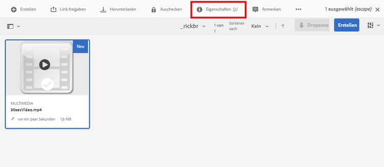 Ausgewähltes Video-Asset mit Häkchen auf der Miniaturansicht des Videos und in der Symbolleiste hervorgehobenes Symbol zum Anzeigen der Eigenschaften.