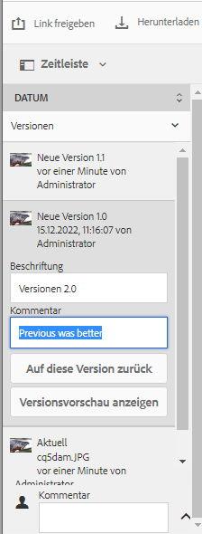 Auswählen einer Version, um sie wiederherzustellen