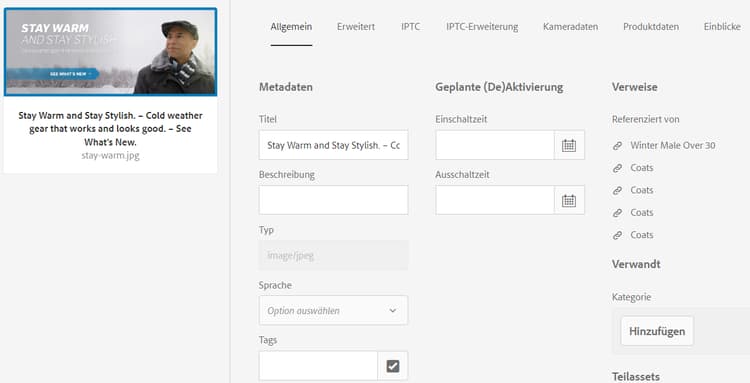 Verweise von Experience Manager Assets in der Spalte „Verweise“ in den Asset-Details anzeigen