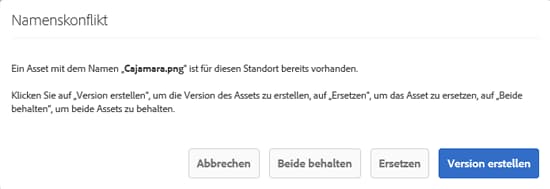 Dialogfeld „Namenskonflikt“ zum Beheben des Namenskonflikts bei Assets