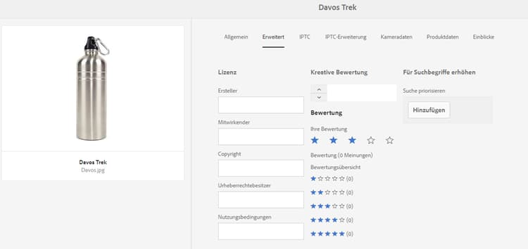 Registerkarte „Erweitert“ in den Asset-Eigenschaften zum Zuweisen von Bewertungen