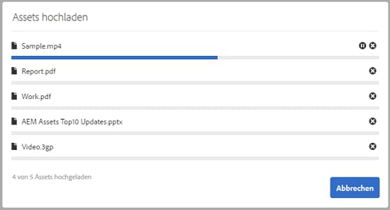 Das Dialogfeld für den Upload-Fortschritt zeigt den Status der erfolgreich hochgeladenen Dateien und der Dateien an, die nicht hochgeladen werden können