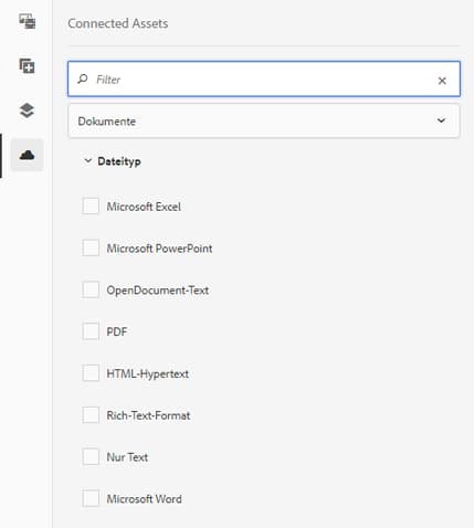 Optionen zum Filtern von Dokumenttypen und Bildern bei der Suche nach Assets auf Remote-DAM