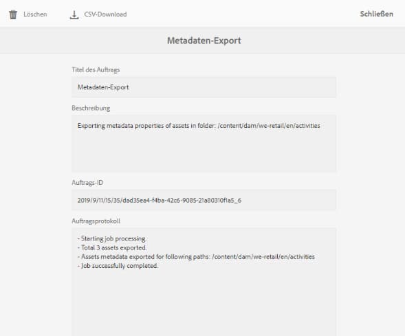 Dialogfeld zum Herunterladen der CSV-Datei mit Metadaten, die stapelweise exportiert wurden
