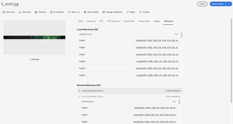 Remote-Referenzen in der Seite Asset-Eigenschaften