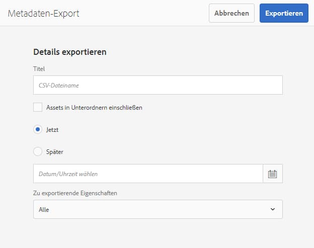 Benutzeroberfläche und Optionen zum Exportieren von Metadaten aller Assets in einem Ordner