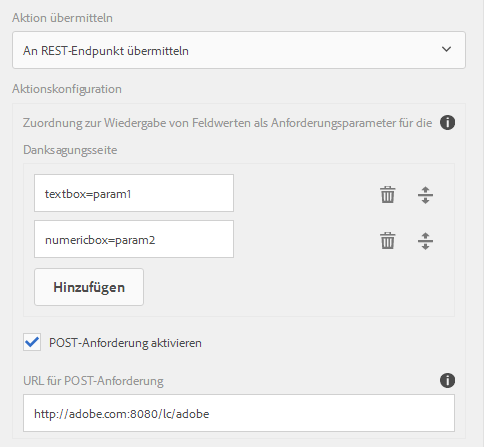 Zuordnung zur Weitergabe von Feldwerten als Anforderungsparameter für die Dankeseite