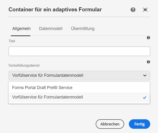 Vorbefüllungsdienst für Formulardatenmodelle – Seiteneditor von AEM Sites