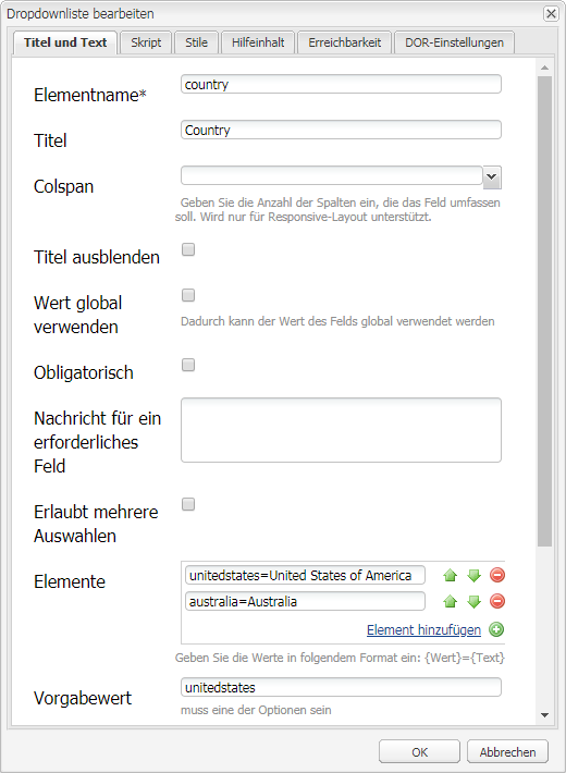 Hinzufügen von Ländernamen