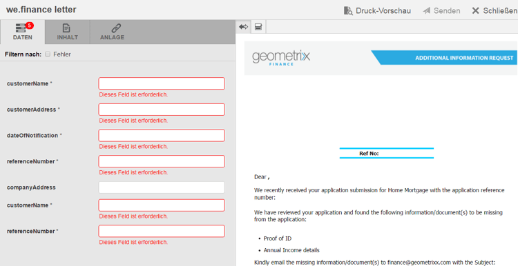Eingabe von Daten in den Brief