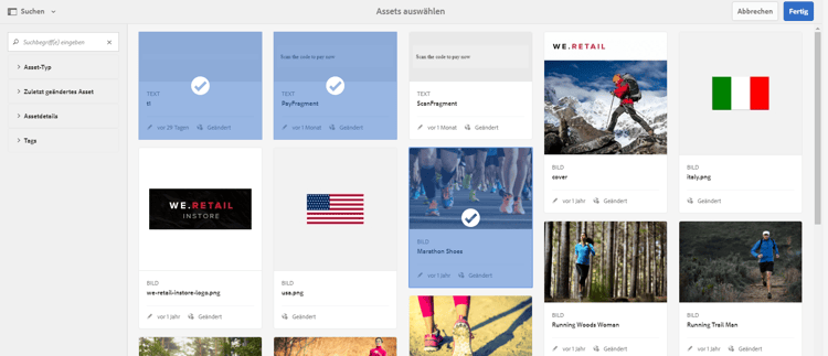 Assets zum Hinzufügen zur Liste auswählen