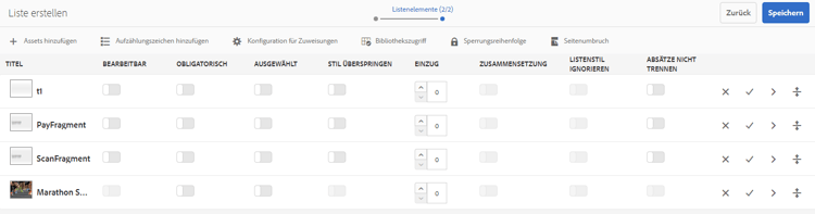 Assets in einer Liste neu anordnen und konfigurieren