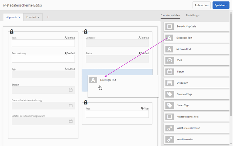 Metadatenschema-Editor für den Typ „Adaptives Formular“