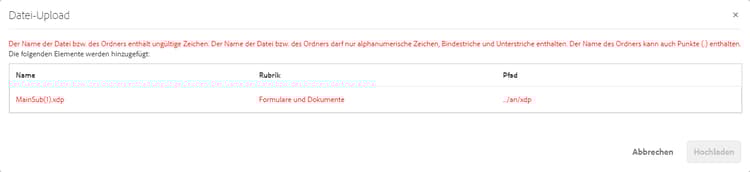Fehlermeldung beim Hochladen eines XFA-Formulars